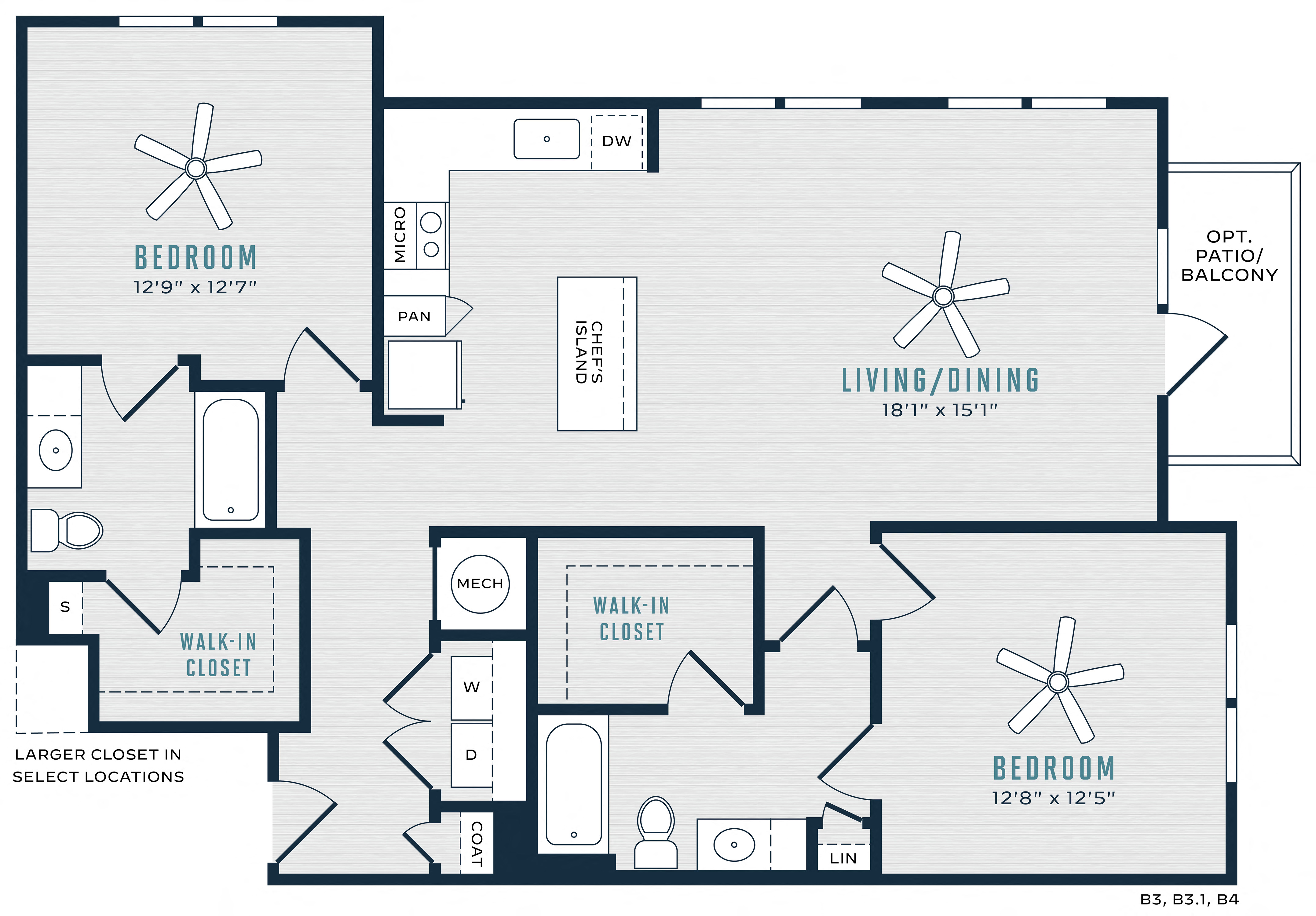 Floor plan for 2 beds, 2 baths, 1231 sqft
